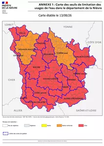 Carte des seuils de limitation des usages de l'eau dans le département de la Nièvre 